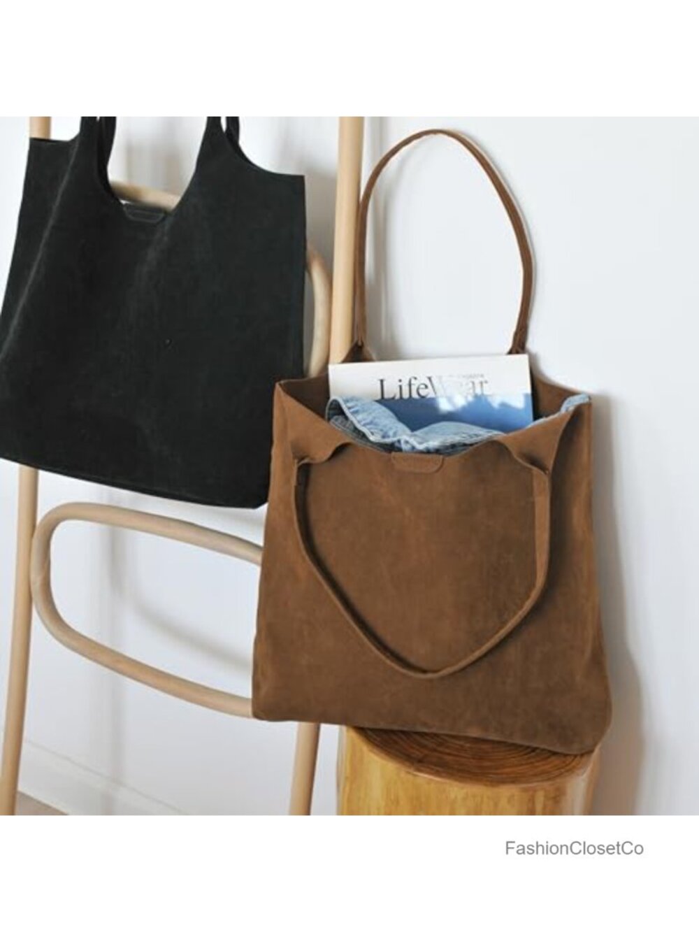 Faux Suede Tote Bag with Magnetic Closure, Hobo Handbag, Casual Vegan Leather - Picture 2 of 6